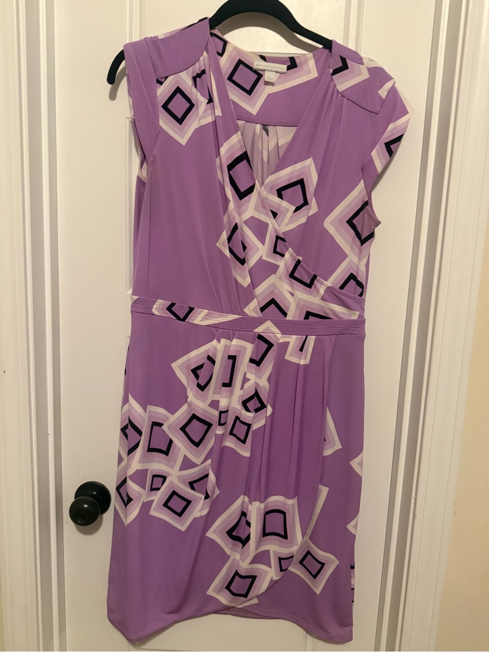 New York & Company Lavender Geometric Faux-Wrap Midi Dress